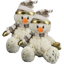 2x stuks pluche sneeuwpop knuffels pop met muts en sjaal 23 cm - Knuffelpop