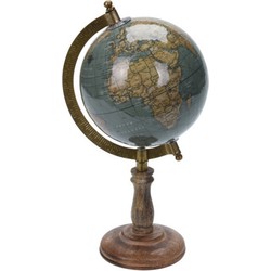 Decoratie wereldbol/globe blauw op mangohouten voet 13 x 28 cm - Wereldbollen