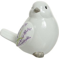 Decoratie dieren beeld vogel wit met lavendel bloemen met staart omlaag 9 cm - Tuinbeelden