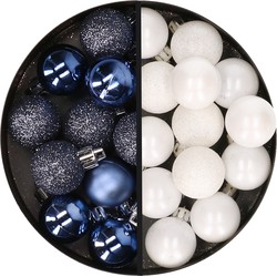 34x stuks kunststof kerstballen donkerblauw en wit 3 cm - Kerstbal