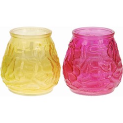 Windlicht geurkaars - 2x - geel/roze glas - 48 branduren - citrusgeur - geurkaarsen