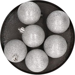 6x Kunststof kerstballen glitter zilver 8 cm kerstboom versiering/decoratie - Kerstbal