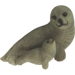 Beeldje zeehond met baby - grijs - polystone - 11 cm - Beeldjes