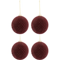 J-line - Doos Van 4 Kerstballen Patroon Fluweel Glas Burgundy Medium - 10x10x10cm