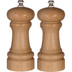 Set van 2x stuks pepermolens/zoutmolens hout beige 14 cm - Peper en zoutstel