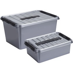 Opberg boxen set 2x stuks 12 en 22 liter kunststof grijs met deksel - Opbergbox