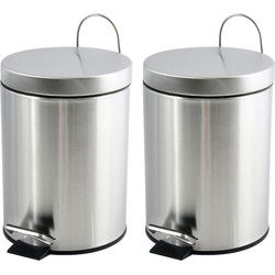 MSV kleine pedaalemmer - 2x - rvs - zilver - 5L - 20 x 27 cm - Badkamer/toilet - Pedaalemmers