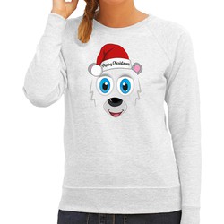 Bellatio Decorations foute kersttrui/sweater dames - IJsbeer gezicht - lichtgrijs - Merry Christmas XL - kerst truien