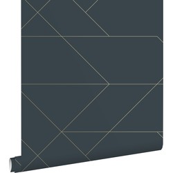 ESTAhome behang grafische lijnen donkerblauw en goud - 0,53 x 10,05 m - 139213