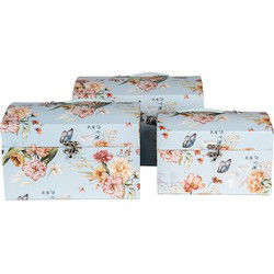 Clayre & Eef Decoratie Koffer Set van 3 30x20x20 /26x18x18/22x15x15 cm Blauw Karton Rechthoek Bloemen
