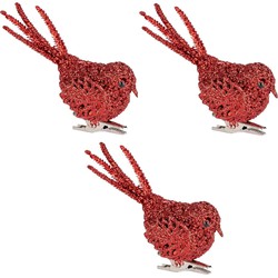 6x Kerstboomversiering glitter rode vogeltjes op clip 12 cm - Kersthangers