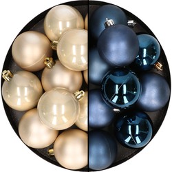 24x stuks kunststof kerstballen mix van donkerblauw en champagne 6 cm - Kerstbal