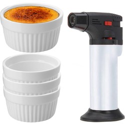 9-Delige creme brulee set met witte schaaltjes en een zilveren brander - Serveerschalen