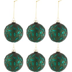 J-line - Doos Van 6 Kerstballen Blaadjes Glitter Glas Mat Groen Small - 8x8x8cm