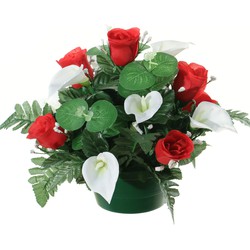 Louis Maes Kunstbloemen plantje in pot - wit/rood - 26 cm - Bloemstuk ornament - rozen met bladgroen - Kunstbloemen