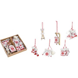 6x stuks houten kersthangers wit/rood wintersport thema kerstboomversiering - Kersthangers
