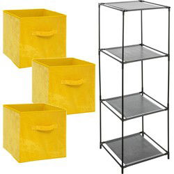Kastmandjes/opberg mandjes - geel velours - 3x stuks van 29 Liter - In rekje van 34 x 98 cm - Opbergmanden