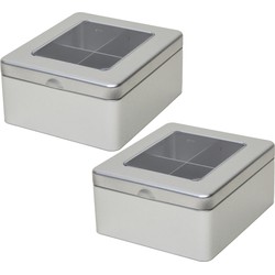 2x zilveren 4-vaks theedoos/theekist met venster - 15 x 13 x 7 cm - Theedozen