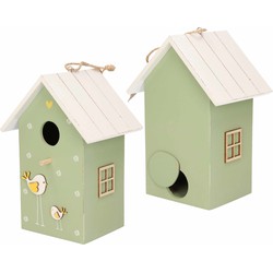 2x stuks nestkast/vogelhuisje hout groen met wit dak 15 x 12 x 22 cm - Vogelhuisjes
