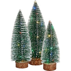 Kleine/mini decoratie kerstboompjes set van 3x st met gekleurd licht 25-35 cm - Kerstdorpen