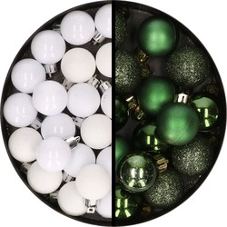 34x stuks kunststof kerstballen wit en donkergroen 3 cm - Kerstbal
