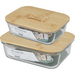 Voedsel bewaar/vershoud bakjes - 2x - bamboe deksel - 1000 ml en 1500 ml - ovenbestendig glas - Vershoudbakjes