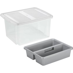 Sunware opslagbox kunststof 32 liter transparant 45 x 36 x 24 cm met deksel en organiser tray - Opbergbox