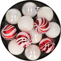 Atmosphera kerstballen -12x - D4 cm - parelmoer wit/rood - plastic - Kerstbal