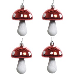 4x Kerstboomversiering paddenstoel ornamenten rood 7 cm - Kersthangers