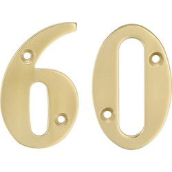 AMIG Huisnummer 60 - massief messing - 10cm - incl. bijpassende schroeven - gepolijst - goudkleur - Huisnummers