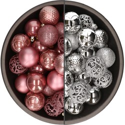 74x stuks kunststof kerstballen mix van velvet roze en zilver 6 cm - Kerstbal