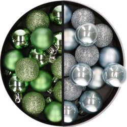 28x stuks kleine kunststof kerstballen groen en lichtblauw 3 cm - Kerstbal