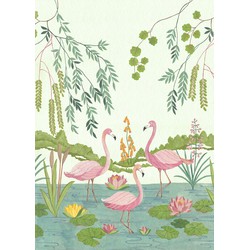 Komar fotobehang Flamingo Vibes roze, groen en blauw - 200 x 280 cm - 610840