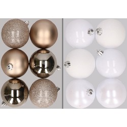 12x stuks kunststof kerstballen mix van champagne en wit 8 cm - Kerstbal