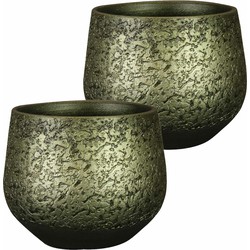 2x stuks plantenpot/bloempot keramiek metallic donkergroen/gold finish - D16/H13 cm - Plantenpotten