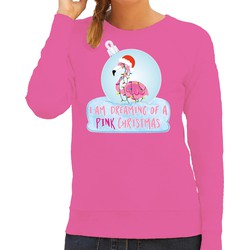 Bellatio Decorations Foute kersttrui/sweater dames - flamingo in kerstbal - roze - pink Christmas L - kerst truien