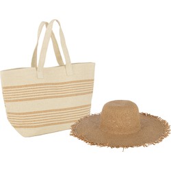 J-line - Set Van 2 Strandtas Strepen + Hoed Papier Beige/lichtbruin - 59x20x39cm