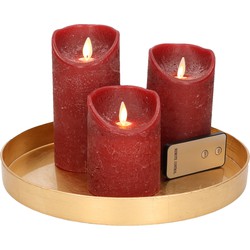 Ronde kaarsenplateau goud van kunststof D27 cm met 3 bordeaux rode LED-kaarsen 10/12,5/15 cm - Kaarsenplateaus