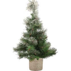Besneeuwde kunstboom/kunst kerstboom 60 cm met naturel jute pot - Kunstkerstboom