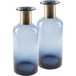 2x stuks flesvazen glas donkerblauw 12 x 30 cm - Vazen