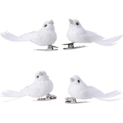 4x Decoratie glitter vogeltjes wit op clip 5 cm - Kersthangers