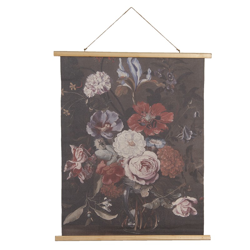Clayre & Eef Wandkleed  80x100 cm Zwart Roze Hout Textiel Rechthoek Bloemen Wanddoek - 