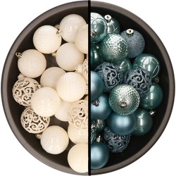 Kerstballen - 74x stuks - wol wit en ijsblauw - 6 cm - kunststof - Kerstbal