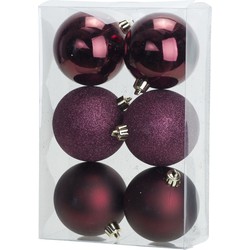 6x stuks kunststof kerstballen aubergine roze 8 cm mat/glans/glitter - Kerstbal