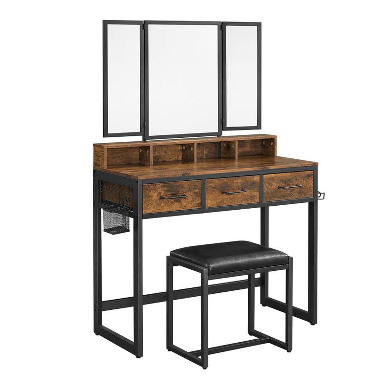 Make-upconsole met spiegel, opbergruimte en krukje - L90 cm - 
