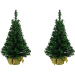2x stuks Mini kunst kerstboompjes in jute zak 35 cm - Kunstkerstboom