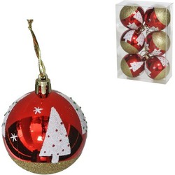 Gerimport Kerstballen- 6x - 6 cm - kunststof - rood met kerstboom - Kerstbal