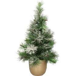 Kunst kerstboom/kunstboompje met sneeuw in gouden pot H60 cm - Kunstkerstboom