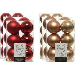 Kerstversiering kunststof kerstballen mix rood/camel bruin 4-6-8 cm pakket van 68x stuks - Kerstbal