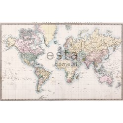 ESTAhome fotobehang vintage map of the world beige, pastel geel, poederroze en groen - 372 cm x 2,79 m - 158210